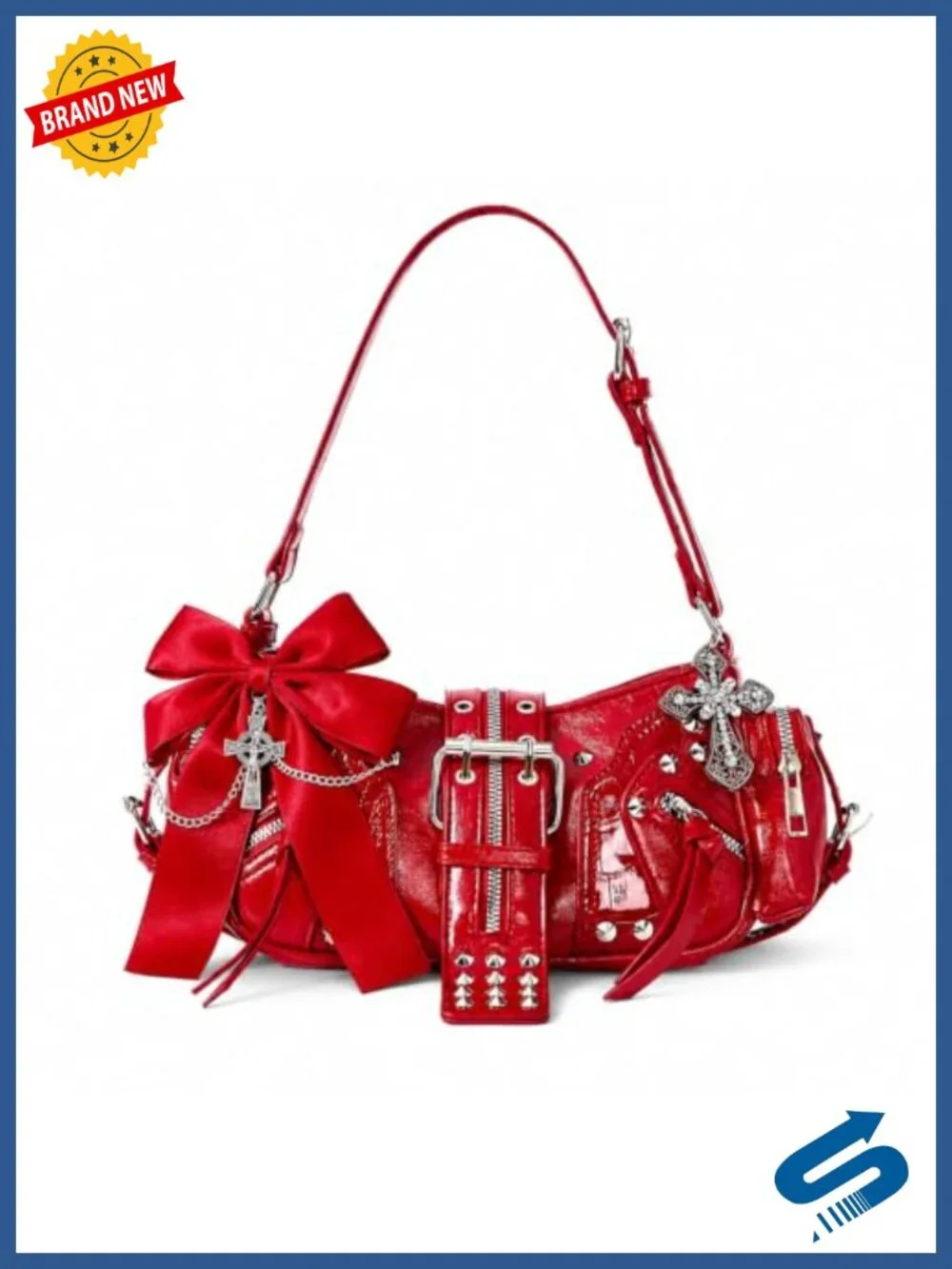 Gothic Y2K Faux Leather Shoulder Bag with Bow Skull Charm Adjustable Strap